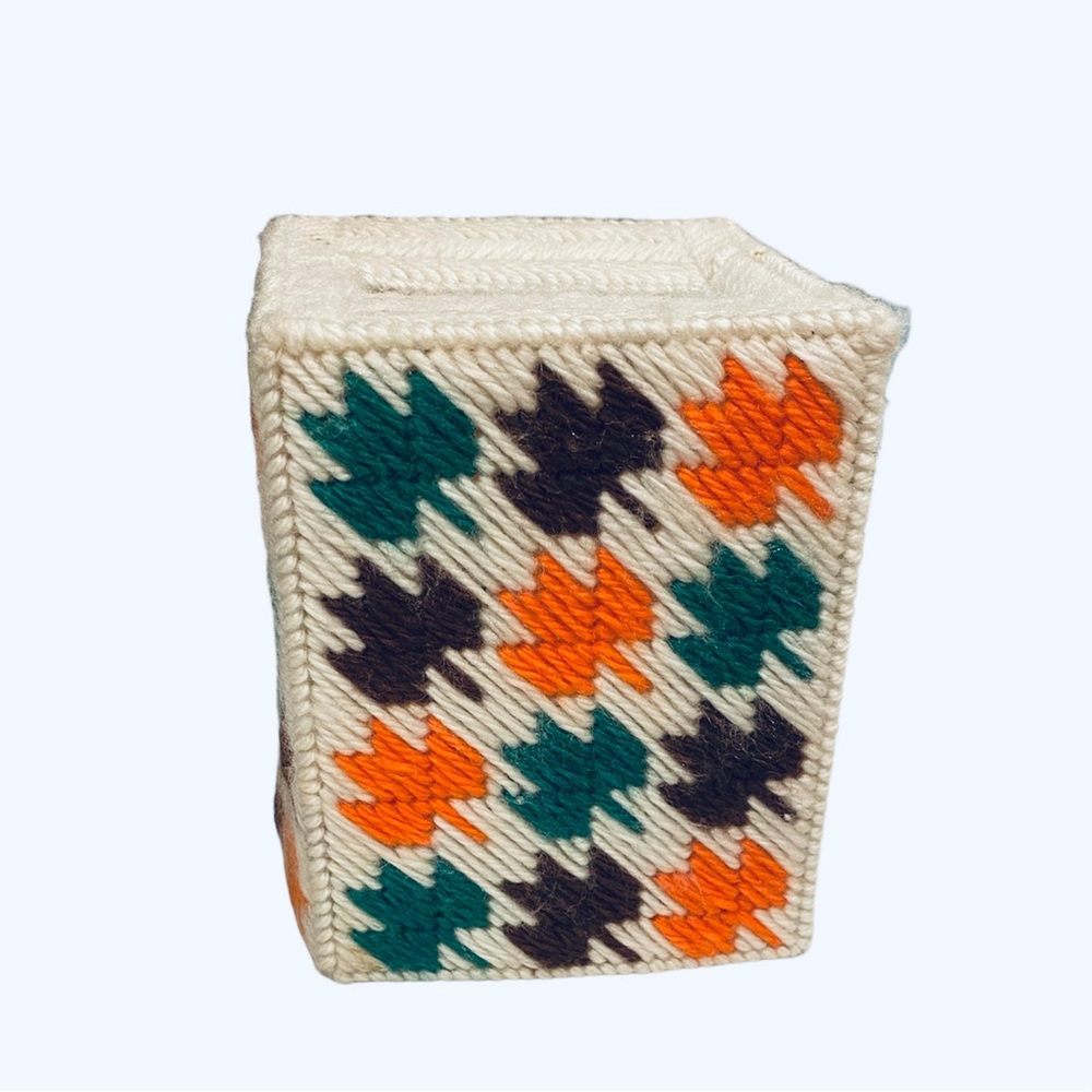 Vintage Tissue Box Cover Leaves Thanksgiving Needlepoint Brown Orange Green